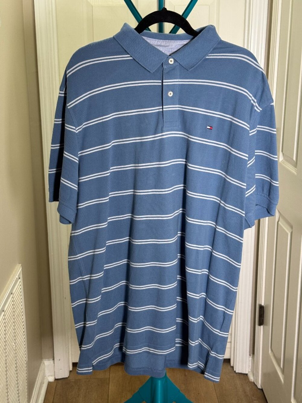 Tommy Hilfiger Polo Shirt XXL 2XL Blue Striped Custom Fit Short Sleeve